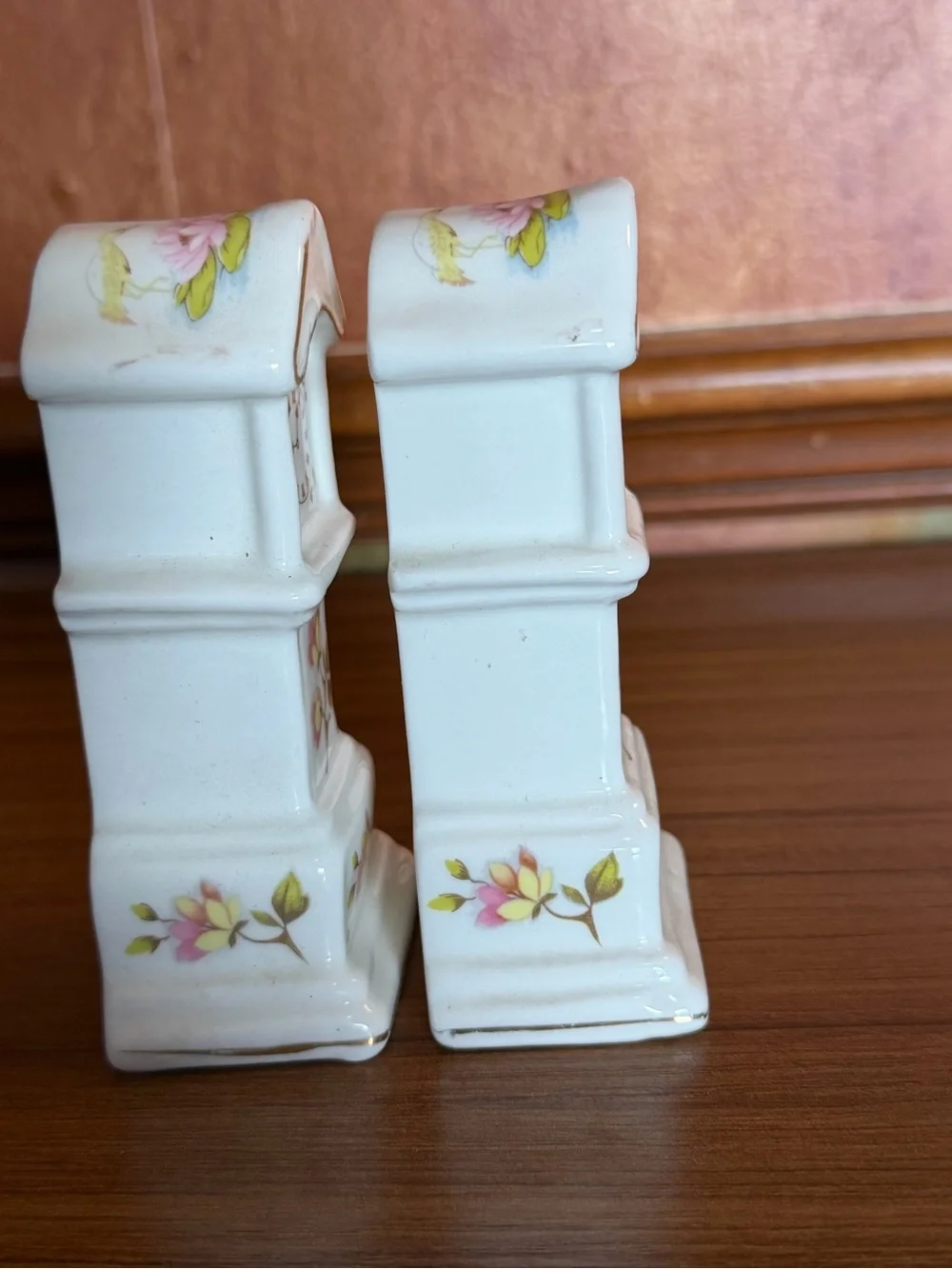 Pair Vintage Miniature Grandfather Clock Porcelain Figurines Floral Taiwan Set 2